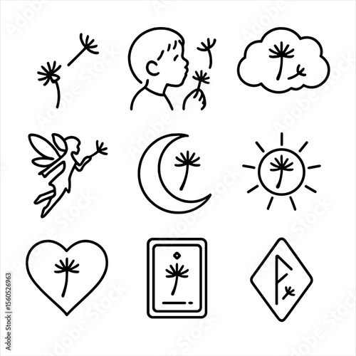 Folklore Dandelion Icons. Outline icon set of dandelion in folklore: wishing seed, child blowing seed, dream cloud, fairy
