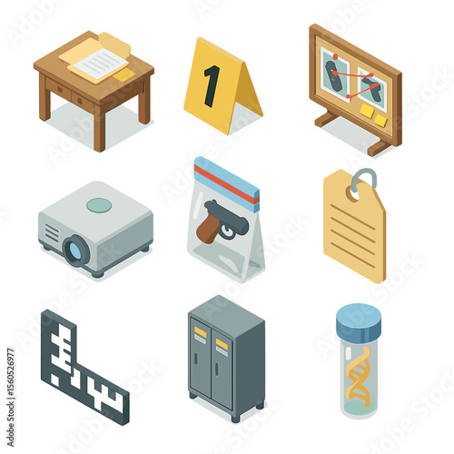 Forensic Evidence Icons. Isometric Flat icon set of Evidence Presentation: evidence table, exhibit marker, photo evidence board,