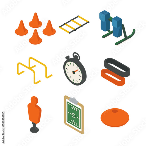 Football Training Icons. Isometric Flat icon set of football field training drills: training cones, agility ladder, tackling sled,