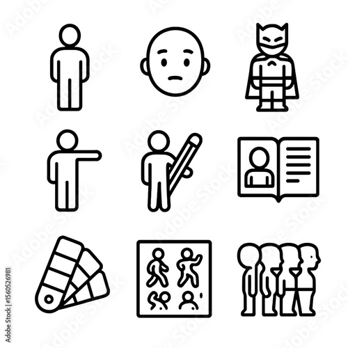 Character Design Icons. Outline icon set of character design cues: silhouette, facial expression, costume, gesture, props,