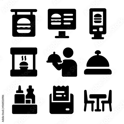 Burger Restaurant Icons. Solid, filled icon set of burger restaurant scenes: burger sign, menu board, ordering kiosk, kitchen