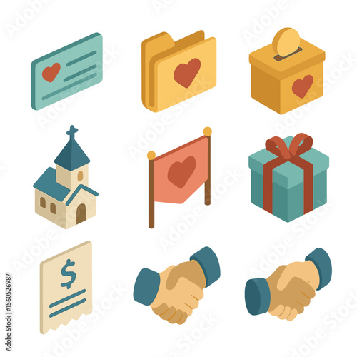 Charitable Giving Icons. Isometric Flat icon set of charitable giving arrangements: donation check, charity folder, foundation