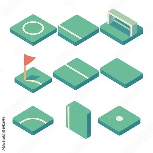 Football Field Icon Set. Isometric Flat icon set of football field layout: center circle, penalty box, goal line, corner flag,