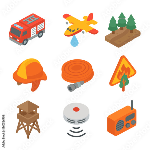 Forest Fire Management Icons. Isometric Flat icon set of forest fire management: fire truck, water drop plane, firebreak trench,