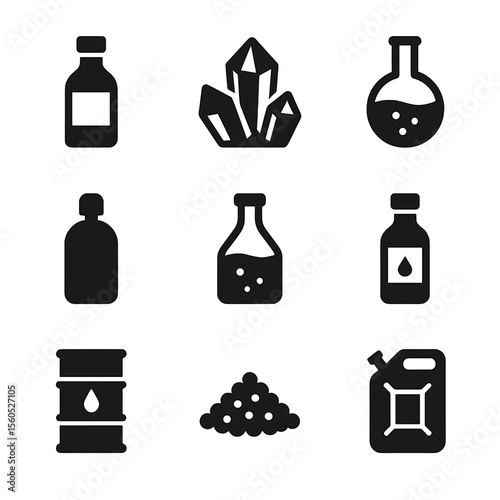 Chemical Material Icons. Solid, filled icon set of chemical raw materials: ethanol bottle, sulfur crystals, ammonia flask,