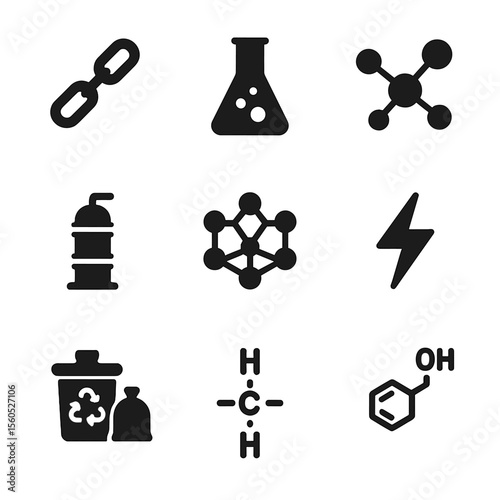 Chemical Recycling Icons. Solid, filled icon set of chemical recycling components: polymer chain, catalyst flask, reactor vessel,