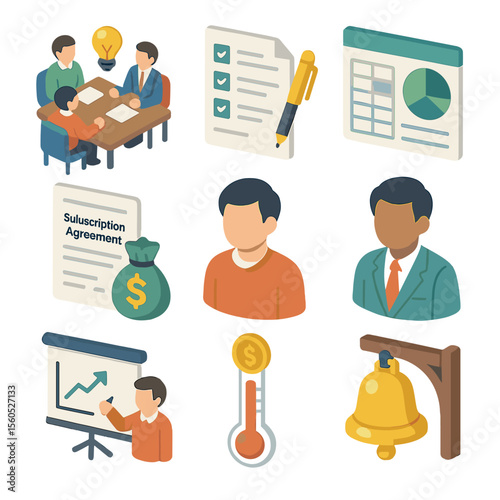 Fundraising Process Icons. Isometric Flat icon set of fundraising process: pitch meeting table, term sheet, capitalization table,
