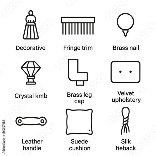 Furniture Icon Set. Outline icon set of High-End Furniture Accessories: decorative tassel, fringe trim, brass nailhead, crystal