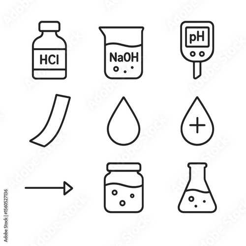 Chemistry Icons Set. Outline icon set of Acid-Base Chemistry: hydrochloric acid bottle, sodium hydroxide beaker, pH meter, litmus