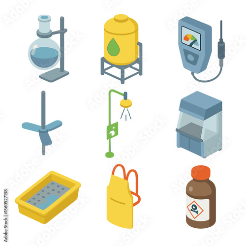 Chemical Waste Icon Set. Isometric Flat icon set of chemical waste neutralization: reaction vessel, neutralizing agent tank, pH