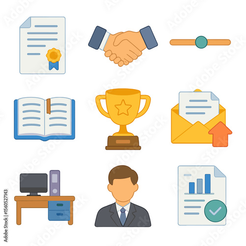 Fund Structuring Icons. Isometric Flat icon set of fund structuring: fund charter document, limited partnership agreement,