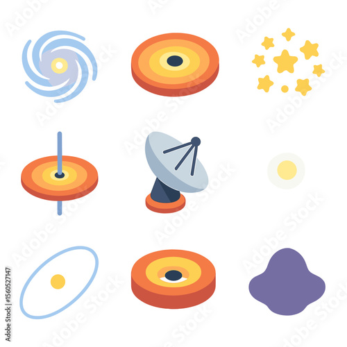 Galactic Icons Grid. Isometric Flat icon set of supermassive black hole at galactic center: spiral galaxy core, circumnuclear disk