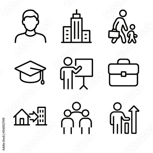 Demographics and Trade Icons. Outline icon set of demographic dynamics: young workforce silhouette, urban skyline, working parent,