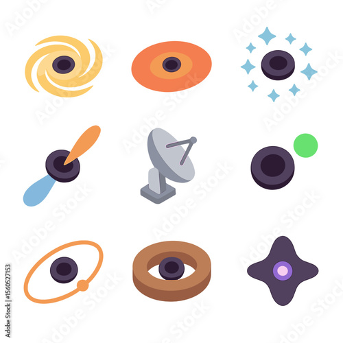 Galactic Icons Grid. Isometric Flat icon set of supermassive black hole at galactic center: spiral galaxy core, circumnuclear disk