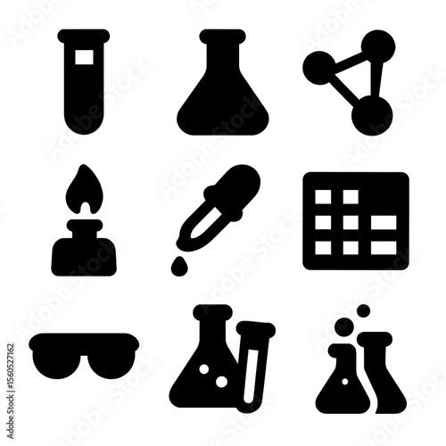 Chemistry Tools Icons. Solid, filled icon set of chemistry tools: test tube, flask, molecule, burner, dropper, periodic table,