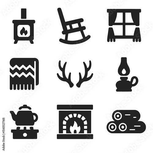 Cabin Living Icons. Solid, filled icon set of cabin living: wood stove, rocking chair, cabin window, wool blanket, antler decor,