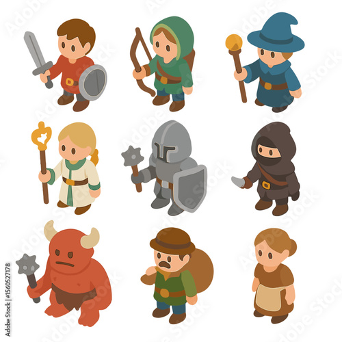Isometric Game Character Icons. Isometric Flat icon set of video game characters: swordsman, archer, mage, healer, tank, rogue,