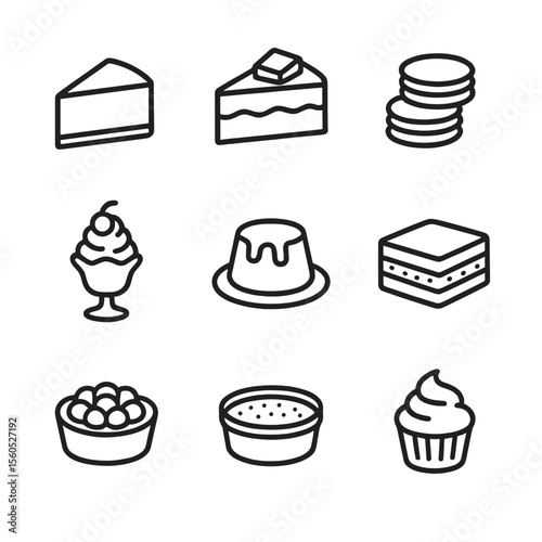 Dessert Icon Grid. Outline icon set of popular desserts: cheesecake, chocolate cake, macarons, ice cream sundae, pudding, tiramisu