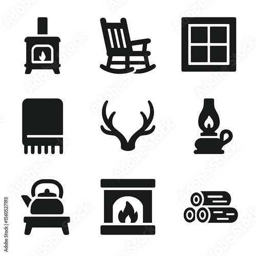 Cabin Living Icons. Solid, filled icon set of cabin living: wood stove, rocking chair, cabin window, wool blanket, antler decor,
