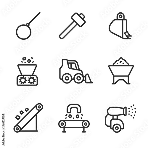 Demolition Site Icons. Outline icon set of demolition site processing: wrecking ball, sledgehammer, excavator bucket, crusher