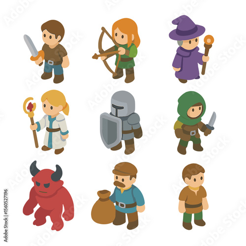 Isometric Game Character Icons. Isometric Flat icon set of video game characters: swordsman, archer, mage, healer, tank, rogue,