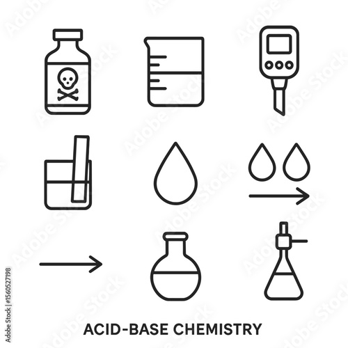 Chemistry Icons Set. Outline icon set of Acid-Base Chemistry: hydrochloric acid bottle, sodium hydroxide beaker, pH meter, litmus