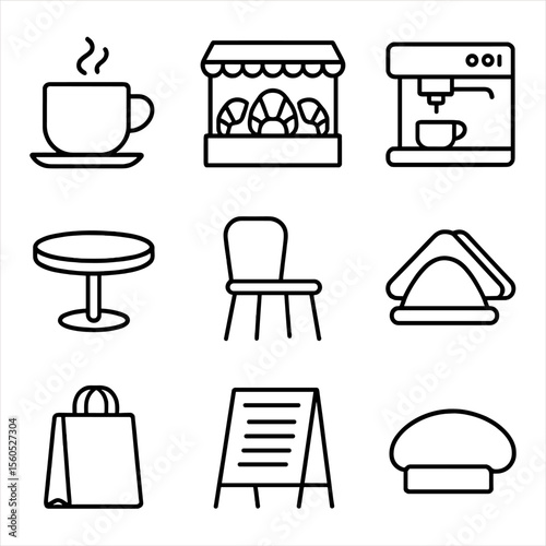 Café Icon Collection. Outline icon set of bread-themed café elements: coffee cup, croissant display, espresso machine, café table,