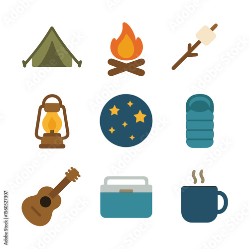 Camping Essentials Icons. Flat icon set of campout under the stars: tent, campfire, marshmallow on stick, lantern, sleeping bag,