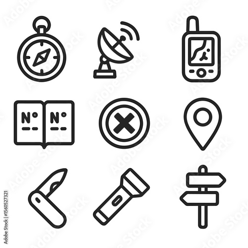 Geocaching Icon Set. Outline icon set of geocaching and GPS hybrids: brass compass, satellite dish, GPS device, coordinate logbook