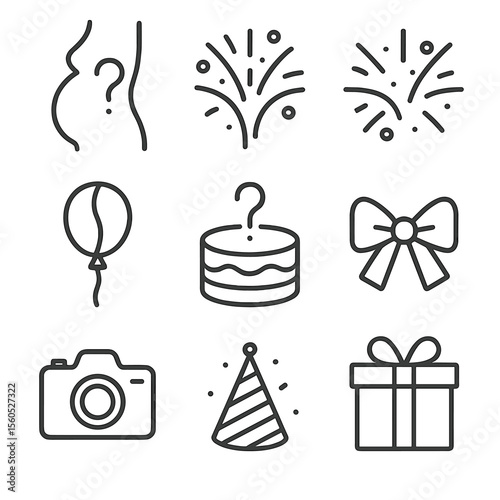 Gender Reveal Icons. Outline icon set of gender reveal and announcement: belly silhouette with question mark, pink confetti burst,