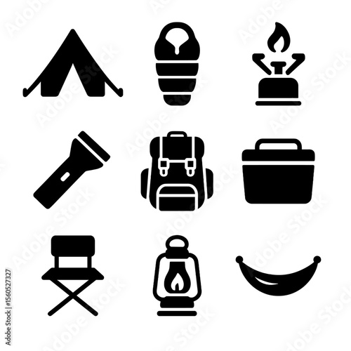 Camping Gear Icons. Solid, filled icon set of festival camping gear: tent, sleeping bag, camping stove, flashlight, backpack,