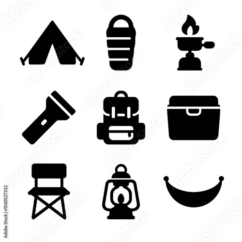 Camping Gear Icons. Solid, filled icon set of festival camping gear: tent, sleeping bag, camping stove, flashlight, backpack,