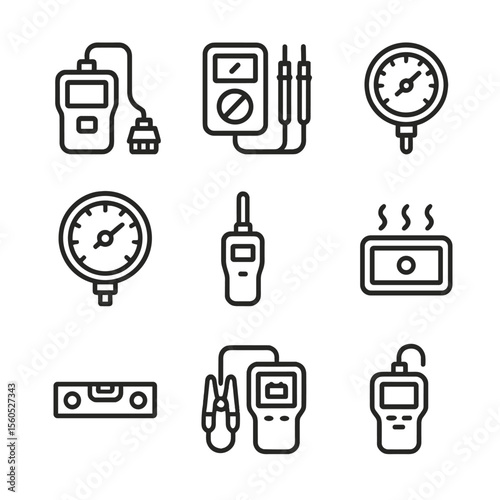 Diagnostic Tools Icon Set. Outline icon set of diagnostic and measurement: OBD scanner, multimeter, pressure gauge, tachometer,