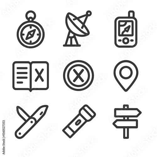 Geocaching Icon Set. Outline icon set of geocaching and GPS hybrids: brass compass, satellite dish, GPS device, coordinate logbook