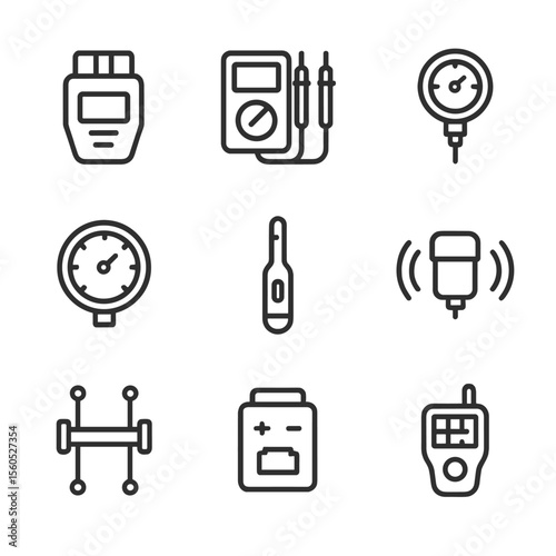 Diagnostic Tools Icon Set. Outline icon set of diagnostic and measurement: OBD scanner, multimeter, pressure gauge, tachometer,
