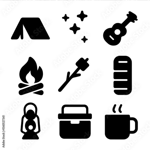 Campout Icon Set. Solid, Filled icon set of campout under the stars: tent, campfire, marshmallow on stick, lantern, sleeping bag,