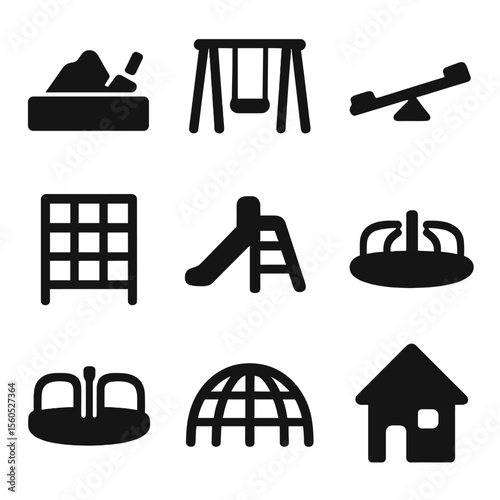 Children's Park Icons. Solid, filled icon set of children’s park features: sandbox, swing set, seesaw, climbing frame, slide,