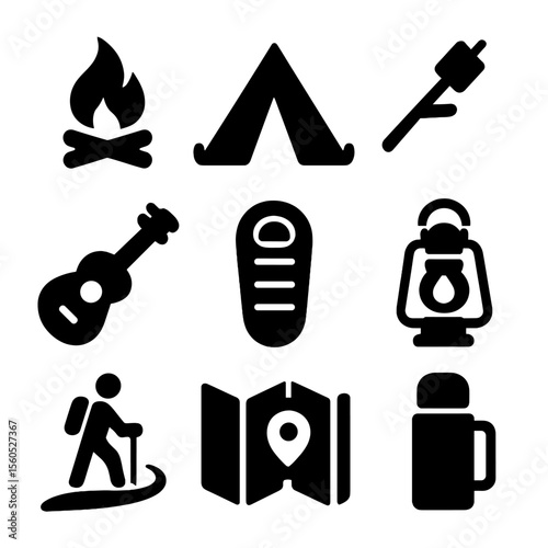 Camping Icon Grid. Solid, filled icon set of camping activities: campfire, tent, marshmallow on stick, guitar, sleeping bag,