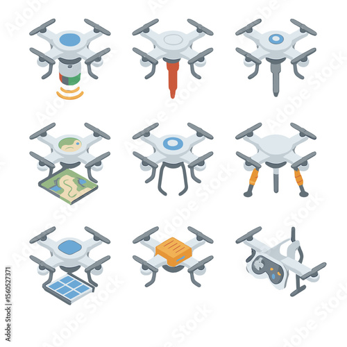 Geological Drone Icons. Isometric Flat icon set of geological survey drones: LiDAR scanner, magnetometer sensor, rock core drill,