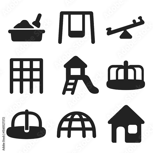 Children's Park Icons. Solid, filled icon set of children’s park features: sandbox, swing set, seesaw, climbing frame, slide,
