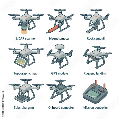 Geological Drone Icons. Isometric Flat icon set of geological survey drones: LiDAR scanner, magnetometer sensor, rock core drill,