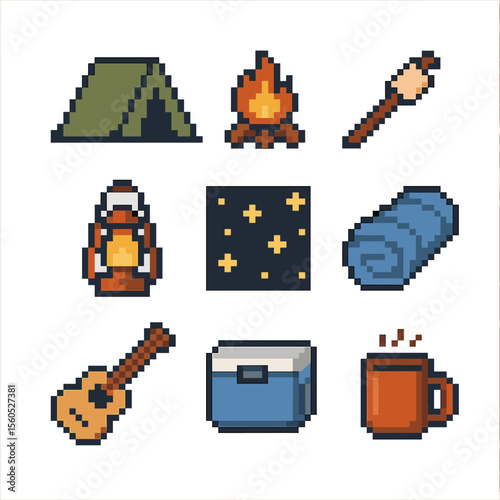 Campout Pixel Art Icons. Pixel art icon set of campout under the stars: tent, campfire, marshmallow on stick, lantern, sleeping