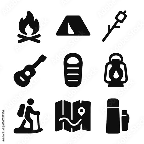 Camping Icon Grid. Solid, filled icon set of camping activities: campfire, tent, marshmallow on stick, guitar, sleeping bag,