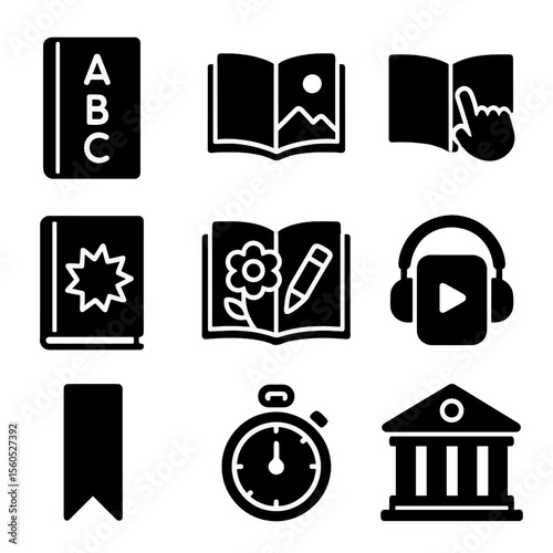 Children's Reading Icons. Solid, filled icon set of reading activities for children: alphabet book, picture book, interactive book