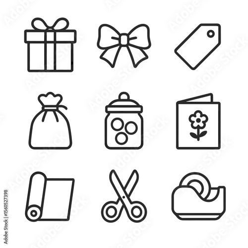Gift Preparation Icons. Outline icon set of gift and party favor preparation: gift box, ribbon, gift tag, party favor bag, candy