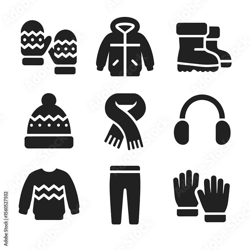 Children's Winter Fashion Icons. Solid, filled icon set of children’s winter fashion: patterned mittens, colorful jacket, snow