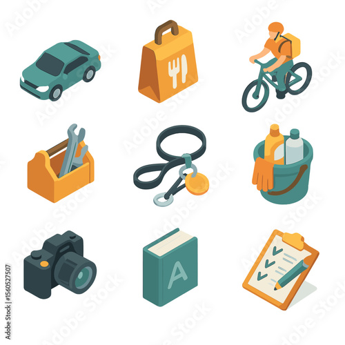 Gig Economy Icon Set. Isometric Flat icon set of gig economy services: rideshare car, food delivery bag, bike courier, handyman
