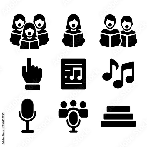 Choir Ensemble Icons. Solid, filled icon set of choir and ensemble singing: soprano part, alto part, tenor part, bass part,