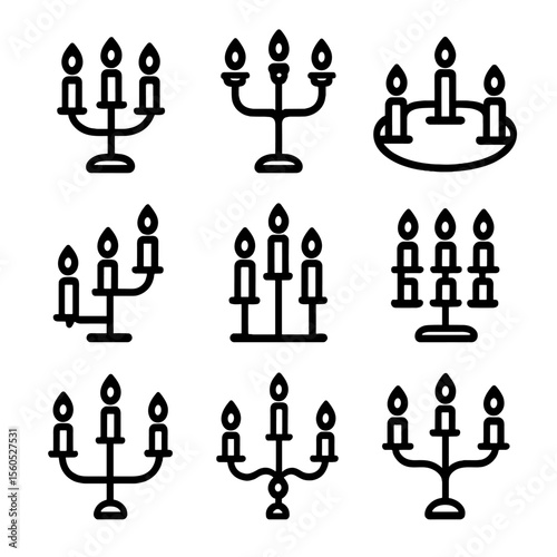 Candle Holder Icons. Solid, filled icon set of multi-candle holders: triple candle stand, five-arm candelabra, circular candle