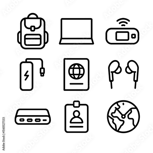 Digital Nomad Essentials. Outline icon set of digital nomad toolkit: travel backpack, portable monitor, power bank, hotspot router